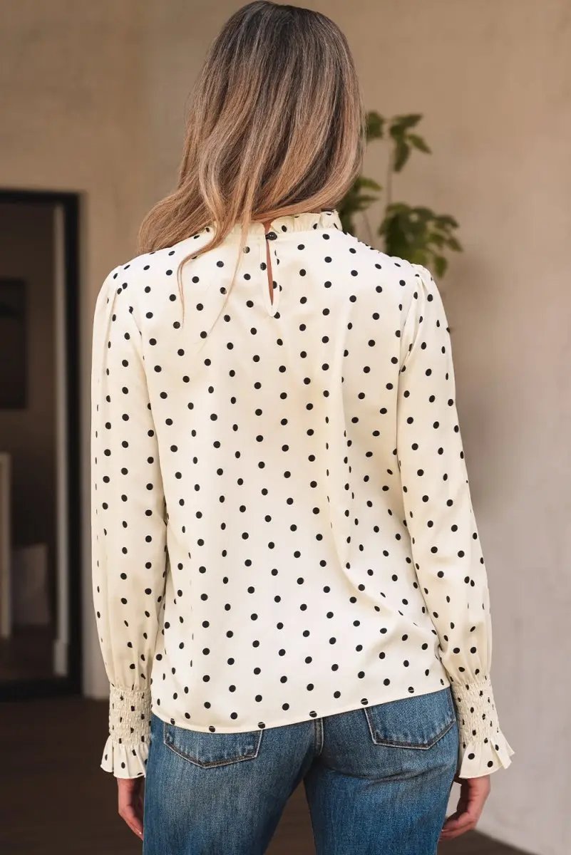 Apricot Polka Dot Print Frilled Collar Lantern Sleeve Blouse - Love Salve